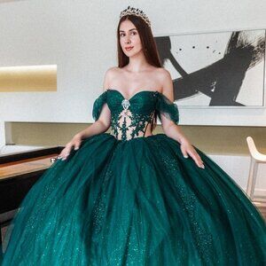 NEW LONG FORMAL OFF SHOULDER MESH QUINCEANERA DRESS W/ SHEER BODICE GL3502